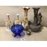 FOUR CERAMIC ITEMS INCLUDING TWO BELLS AND TWO VASES, TOGETHER WITH A BLUE GLASS BOWL AND A BRASS