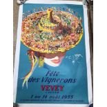 AN ORIGINAL 1955 POSTER VEVEY SUISSE ON LINEN BACK 108 X 72CM, UK P&P £20