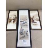 THREE VINTAGE FRAMED AND GLAZED ORIENTAL WATERCOLOURS LARGEST 51 X 16CM