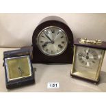 THREE VINTAGE CLOCKS AN OAK MANTLE CLOCK, CARRIAGE CLOCK, AND A SMITHS TRAVEL CLOCK