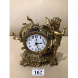 A BRASS NEWHAVEN U.S.A CHERUB FIGURAL MANTEL CLOCK W/O 17CM X 19CM (£15 P&P UK)