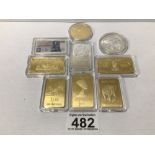 A QUANTITY OF REPRO GOLD AND SILVER METAL BARS AND COINS, UK P&P £15