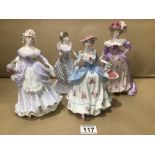 FOUR PORCELAIN COALPORT FIGURINES, MRS FITZHERBERT (924) LAVENDER SWEET LAVENDER (204)