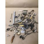 A MIXED BOX OF FLATWARE/CUTLERY, BOTTLE OPENERS, SUGAR TONGS AND MORE (£15 P&P UK)