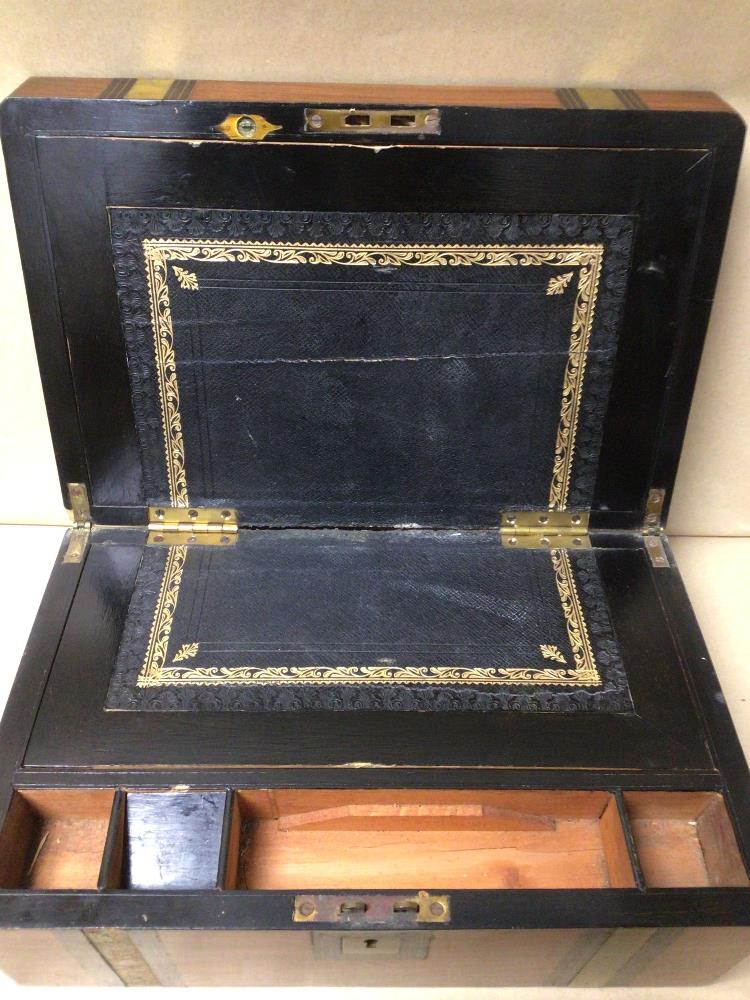 A VICTORIAN PERIOD WALNUT AND BRASS BOUND WRITING SLOPE A/F 35CM, UK P&P £20 - Image 3 of 3