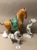 A TANG HORSE GLAZED CERAMIC STATUE 35CM WITH CARVED BONE ITEMS