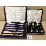 A SET OF SIX HALLMARKED SILVER PISTOL HANDLED TEA KNIVES WITH A SET OF SIX HALLMARKED SILVER BEAN