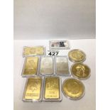 A QUANTITY OF REPRODUCTION GOLD AND SILVER METAL BARS AND COINS, UK P&P £15