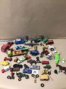 MIXED PLAY WORN DIE-CAST TOYS VEHICLES, MATCHBOX, LESNEY, AND CORGI