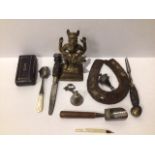 A COLLECTION OF ANTIQUES INCLUDE STATUETTE, MINIATURE SPOONS ETC, UK P&P £15