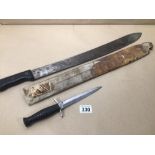 A VINTAGE MACHETE WITH LEATHER SHEAF WITH AN INOX (FRANCE) FIGHTING KNIFE, UK P&P £15