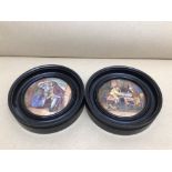 A PAIR OF 19TH CENTURY PRATTWARE POT LIDS IN EBONISED FRAMES (A PAIR AND UNCLE TOBY) 16CM, UK P&P £