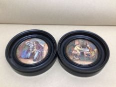 A PAIR OF 19TH CENTURY PRATTWARE POT LIDS IN EBONISED FRAMES (A PAIR AND UNCLE TOBY) 16CM, UK P&P £