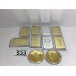 A QUANTITY OF REPRODUCTION GOLD AND SILVER METAL BARS AND COINS, UK P&P £15