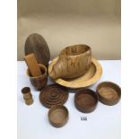 MIXED WOODEN, TREEN ITEMS, INCLUDES A LARGE ACORN ON STAND, UK P&P £15