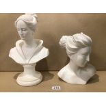 TWO FEMALE BUSTS ONE CERAMIC AND ONE CHALK LARGEST 35CM, UK P&P £15