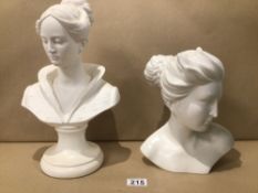 TWO FEMALE BUSTS ONE CERAMIC AND ONE CHALK LARGEST 35CM, UK P&P £15