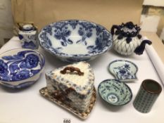 A COLLECTION OF BLUE AND WHITE CHINA, INCLUDES A CHINESE PORCELAIN BRUSH POT 13CM, GZHEL (RUSSIAN