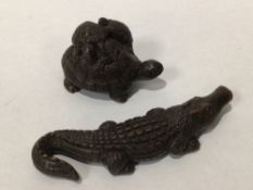 TWO NETSUKES CARVED FROM WOOD, ONE CROCODILE, ONE TURTLE WITH YOUNG SIGNED TO BASES, UK P&P £15