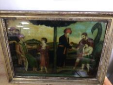 A FRAMED ANTIQUE CRITOLEAN REVERSE PAINTING ON GLASS (JOSEPH TELLING HIS DREAM TO HIS FATHER) 42 X