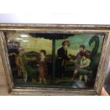 A FRAMED ANTIQUE CRITOLEAN REVERSE PAINTING ON GLASS (JOSEPH TELLING HIS DREAM TO HIS FATHER) 42 X