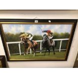A FRAMED OIL ON CANVAS BY MAX BRANDRETT OF HORSE RACING 103 X 72CM