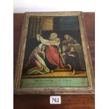 A FRAMED ANTIQUE CHRISTOLEAN REVERSE PAINTING ON GLASS (PRESENTATION IN THE TEMPLE) 30 X 40CM