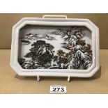 A CHINESE HANDPAINTED SHALLOW DISH 25 X 17CM