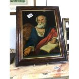 A FRAMED ANTIQUE CRISTOLEAN REVERSE PAINTING ON GLASS OF ST MARK 33 X 43CM