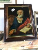 A FRAMED ANTIQUE CRISTOLEAN REVERSE PAINTING ON GLASS OF ST MARK 33 X 43CM