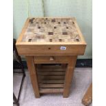 A SMALL WOODEN BUTCHERS BLOCK WITH UNDER DRAWER 51 X 51 X 93CM
