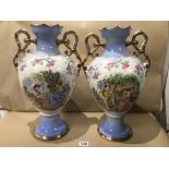 A LARGE PAIR OF CONTINENTAL TWIN HANDLED VASES WITH CLASSICAL SCENES 46CM