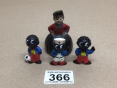 FOUR MINIATURE FIGURES ONE BEING A METAL BELL AND THREE PLASTIC ROBINSON FIGURES £15 P/P