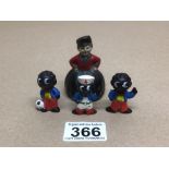 FOUR MINIATURE FIGURES ONE BEING A METAL BELL AND THREE PLASTIC ROBINSON FIGURES £15 P/P