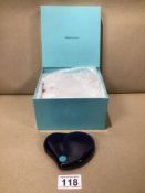 A TIFFANY AND CO ELSA PERETTI COBALT BLUE GLASS HEART SHAPED PAPERWEIGHT WITH ORIGINAL BOX, UK P&