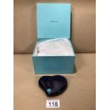 A TIFFANY AND CO ELSA PERETTI COBALT BLUE GLASS HEART SHAPED PAPERWEIGHT WITH ORIGINAL BOX, UK P&