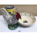 THREE CERAMIC ITEMS, ROOSTER, BOWL AND JUG