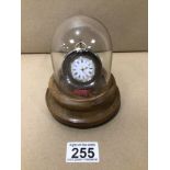 A WOODEN, POCKET WATCH STAND WITH DOMED GLASS AND LADIES CONTINENTAL SILVER FOB WATCH £15 P/P