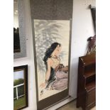 AN ORIENTAL SCROLL OF A RECLINING LADY 196 X 74CM, UK P&P £15