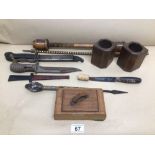 A MIXED BOX OF VINTAGE ITEMS WITH AN EARLY SNAKESKIN DAGGER AND OTHER ITEMS, UK P&P £20