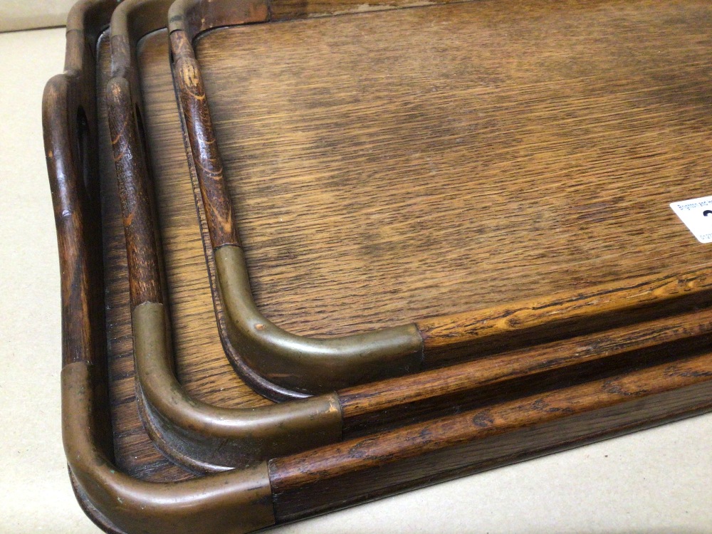 A GRADUATE SET OF VINTAGE OAK AND COPPER TRAYS, UK P&P £20 - Image 2 of 3