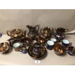 A QUANTITY OF VICTORIAN COPPER LUSTRE GLAZED MILK JUGS AND TEAWARE