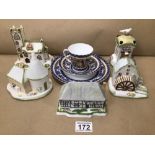 A COALPORT BLUE AND GILT PORCELAIN TRIO AND FIVE COALPORT PORCELAIN COTTAGES (£20 P&P UK)