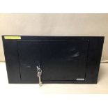 A METAL SAFE WITH KEY FOR FLOOR OR WALL 39 X 13 X 21CM