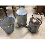 THREE GALVANISED ITEMS, BUCKET, WATERING CAN, AND AN ARMSTRONG WHITWORTH (PRESSING) COVER