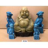 TWO BLUE PAIRS OF DOGS OF FOO LARGEST 20CM WITH A GREEN BUDDHA 23CM, UK P&P £15