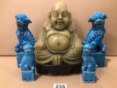 TWO BLUE PAIRS OF DOGS OF FOO LARGEST 20CM WITH A GREEN BUDDHA 23CM, UK P&P £15