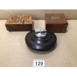 THREE MIXED ITEMS RONSON LIGHTER, MARQUETRY BOX, AND A VINTAGE BOXED MAGNIFYING LENS, UK P&P £15