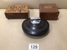 THREE MIXED ITEMS RONSON LIGHTER, MARQUETRY BOX, AND A VINTAGE BOXED MAGNIFYING LENS, UK P&P £15