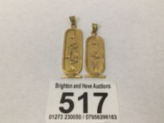 TWO UNMARKED 18 CARAT YELLOW METAL EGYPTIAN CARTOUCHE PENDANTS 6.7GRAMS, UK P&P £15